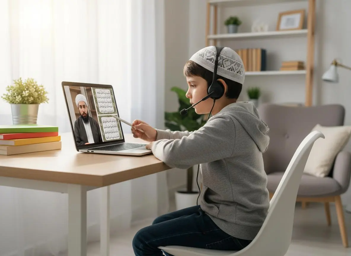 A boy with a headset learning Quran online